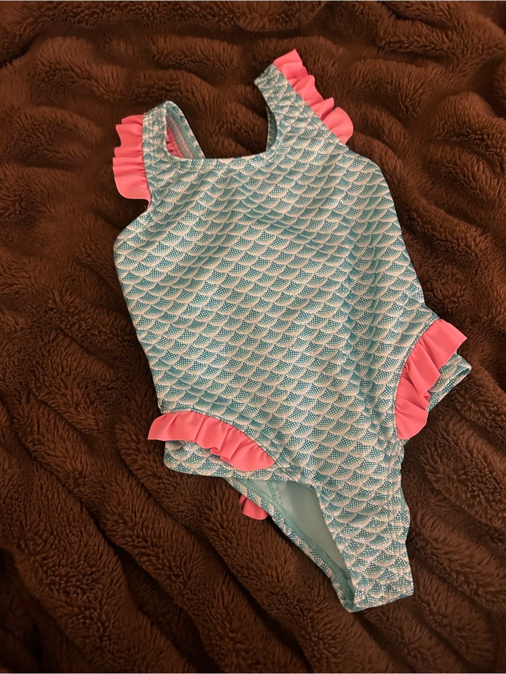 Girls Aqua Pattern One-Piece Swimsuit with Pink Ruffle Trim